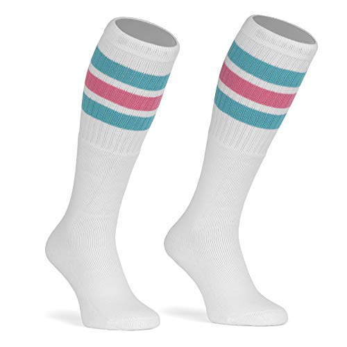 skatersocks 22 Inch kniehohe gestreifte Damen Socken Kniestrümpfe knee high overknee Old School Retro Tube Socks weiss - aqua/bubblegum pink gestreift von skatersocks