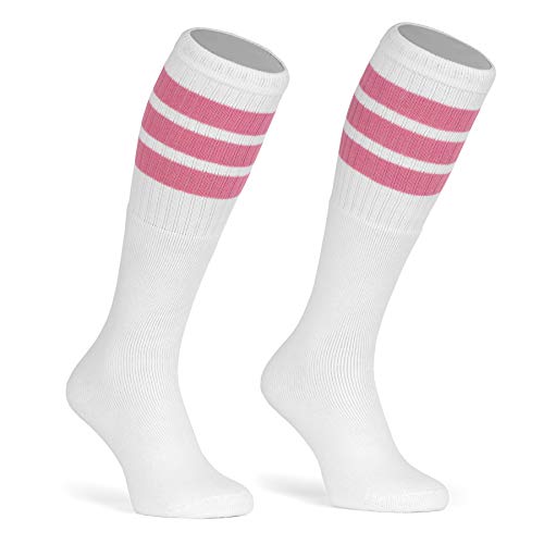 skatersocks 22 Inch kniehohe gestreifte Damen Socken Kniestrümpfe knee high overknee Old School Retro Tube Socks weiss - bubblegum pink gestreift von skatersocks