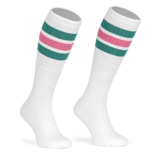 skatersocks 22 Inch kniehohe gestreifte Damen Socken Kniestrümpfe knee high overknee Old School Retro Tube Socks weiss - teal/bubblegum pink gestreift von skatersocks