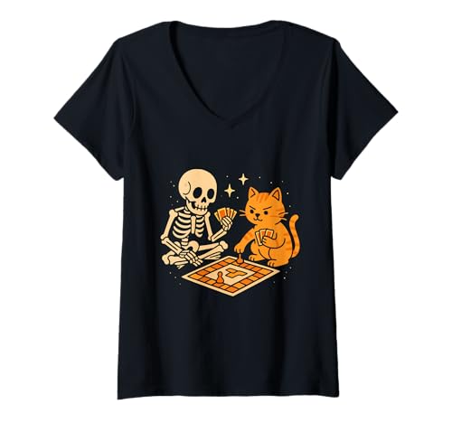 Damen Brettspiel Skelett und Katze T-Shirt mit V-Ausschnitt Damen Brettspiel Skelett und Katze T-Shirt mit V-Ausschnitt von skeleton cat board game cards cozy halloween