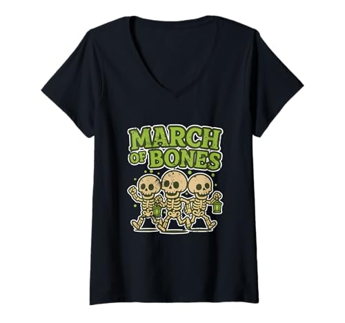 Damen March of Bones Laternenparade T-Shirt mit V-Ausschnitt Damen March of Bones Laternenparade T-Shirt mit V-Ausschnitt von skeleton parade lanterns march cute Halloween jack