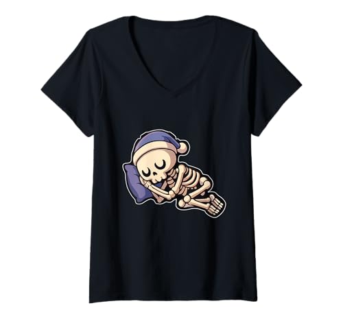 Damen Schlafendes Skelett Halloween T-Shirt mit V-Ausschnitt von skeleton sleeping halloween cute cozy halloween