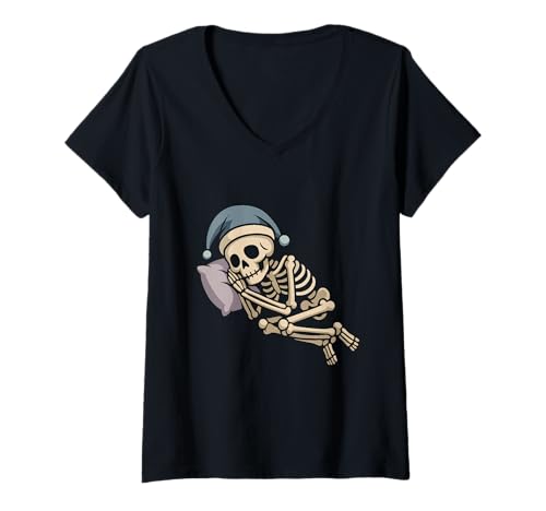 Damen Schlafskelett mit Nachtmütze Halloween T-Shirt mit V-Ausschnitt von skeleton sleeping halloween nap cozy halloween