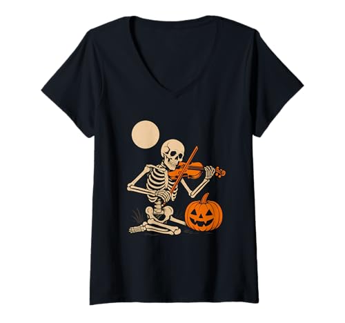 Damen Skelett spielende Violine T-Shirt mit V-Ausschnitt Damen Skelett spielende Violine T-Shirt mit V-Ausschnitt von skeleton violin moon music halloween halloween