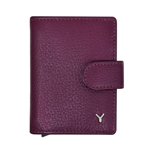 skyle Damen-Geldbörse aus echtem Leder, Popup-Kartenhalter aus Metall mit 12 Kartenfächern und ID-Fenster, italienisches Design, dünn mit RFID-Schutz und Münztasche, Plum, 9x7x2 cm, Minimalistisch von SKYLE
