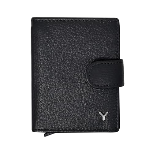 skyle Damen-Geldbörse aus echtem Leder, Popup-Kartenhalter aus Metall mit 12 Kartenfächern und ID-Fenster, italienisches Design, dünn mit RFID-Schutz und Münztasche, Schwarz , 9x7x2 cm, Minimalistisch von SKYLE