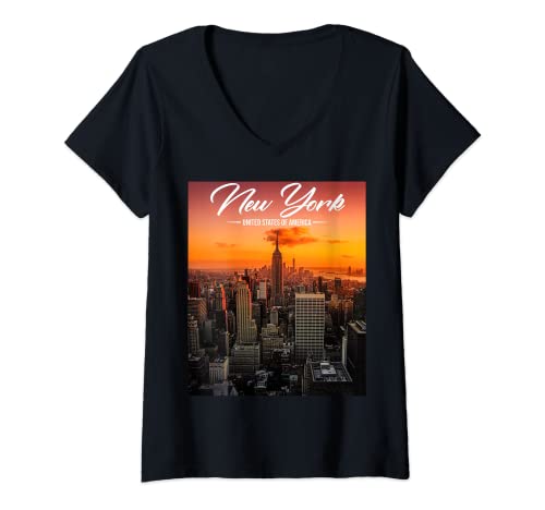 Damen Kultige Skyline New York T-Shirt mit V-Ausschnitt von skyscrapers Skyline New York