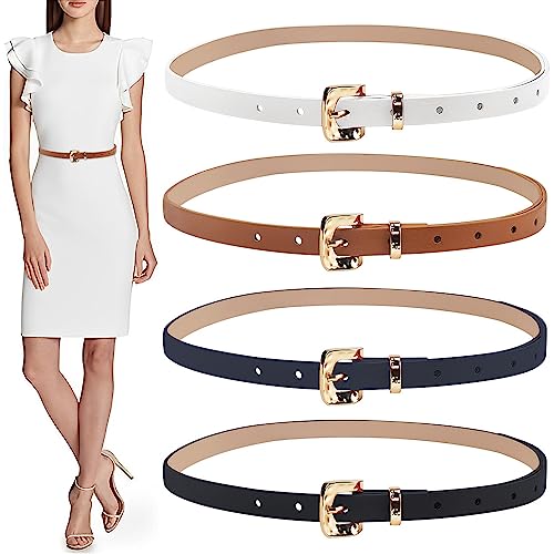 skytowards 4 Stücke Dünner gürtel Damen Taillengürtel Schmal Skinny Gürtel Damengürtel Ledergürtel mit Goldener Schnalle Bindegürtel Taille Kleidgürtel für Kleid Jeans (Weiß/Braun/Schwarz/Marineblau) von skytowards