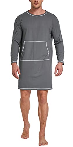 Herren Nachthemd mit Taschen Nachthemden Kurzarm Lässig Weich Schlafshirts Langes Nachthemd Herren Groß und Tall, Langarm Grau, XXX-Large von slimour