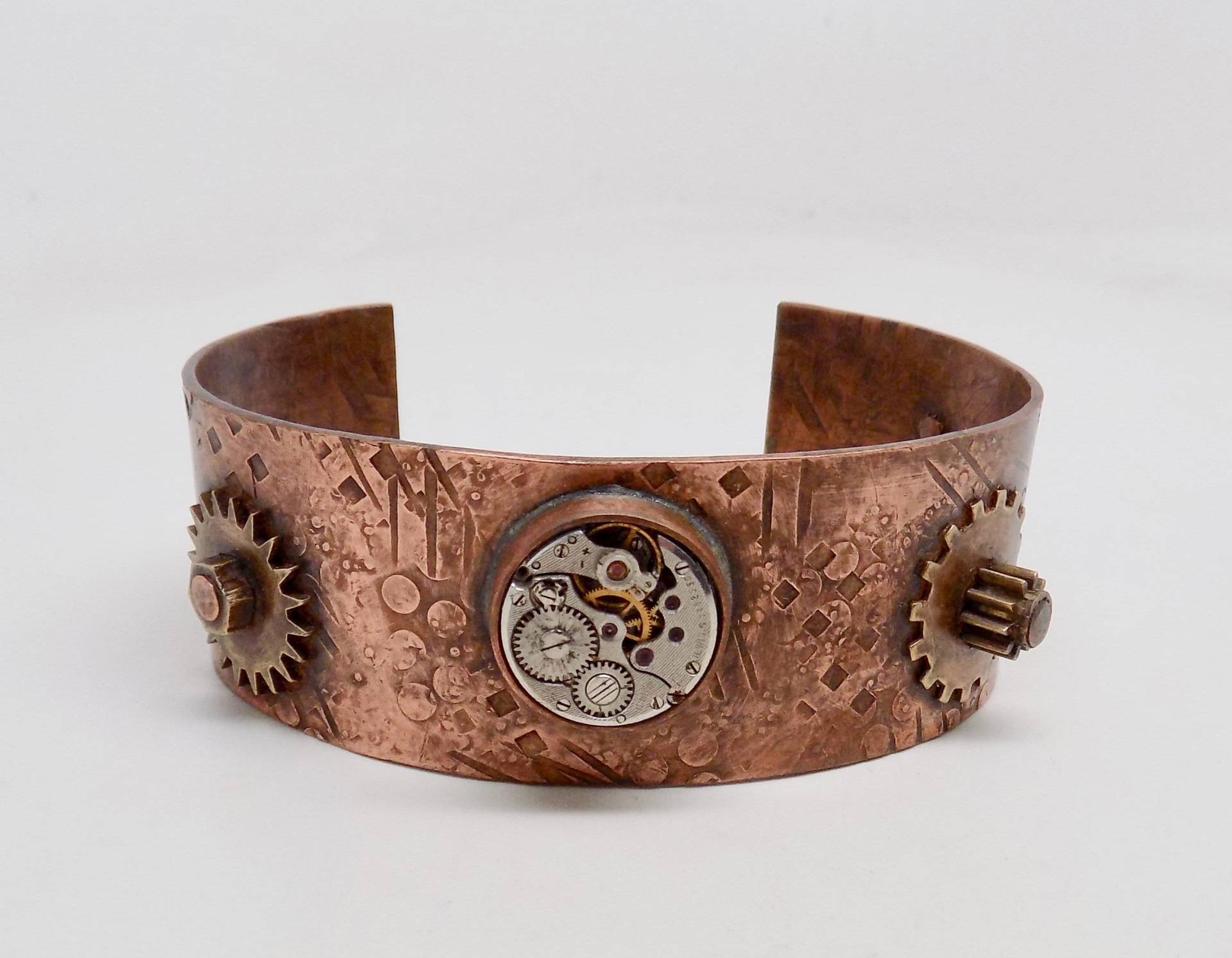 steampunk Kupfer Manschette Armband Mixed Metal Uhrwerk Zahnrad von slotzkin