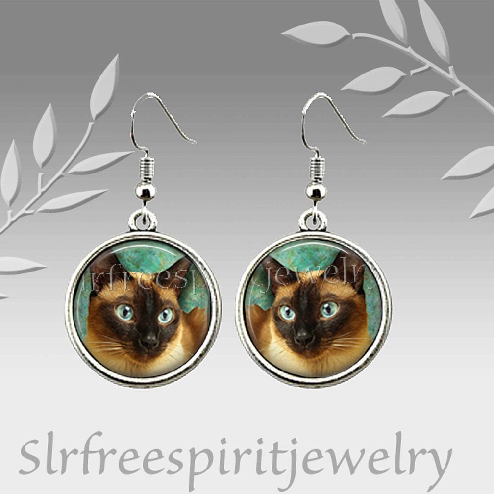 Siam-Katze-Ohrringe, Lieblingskatze, Braun Siam, Kreis-Anhänger, Leder Schnur Halskette, Tiere, Foto-Bild-Schmuck, Katze Schmuck von slrfreespiritjewelry