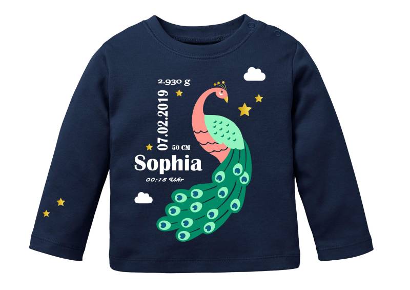 Babyshirt Pfau, Mit Geburtsdaten Personalisierbar, Süßes Geschenk Zur Geburt Und Als Erinnerungsstück von smartbabiesDE