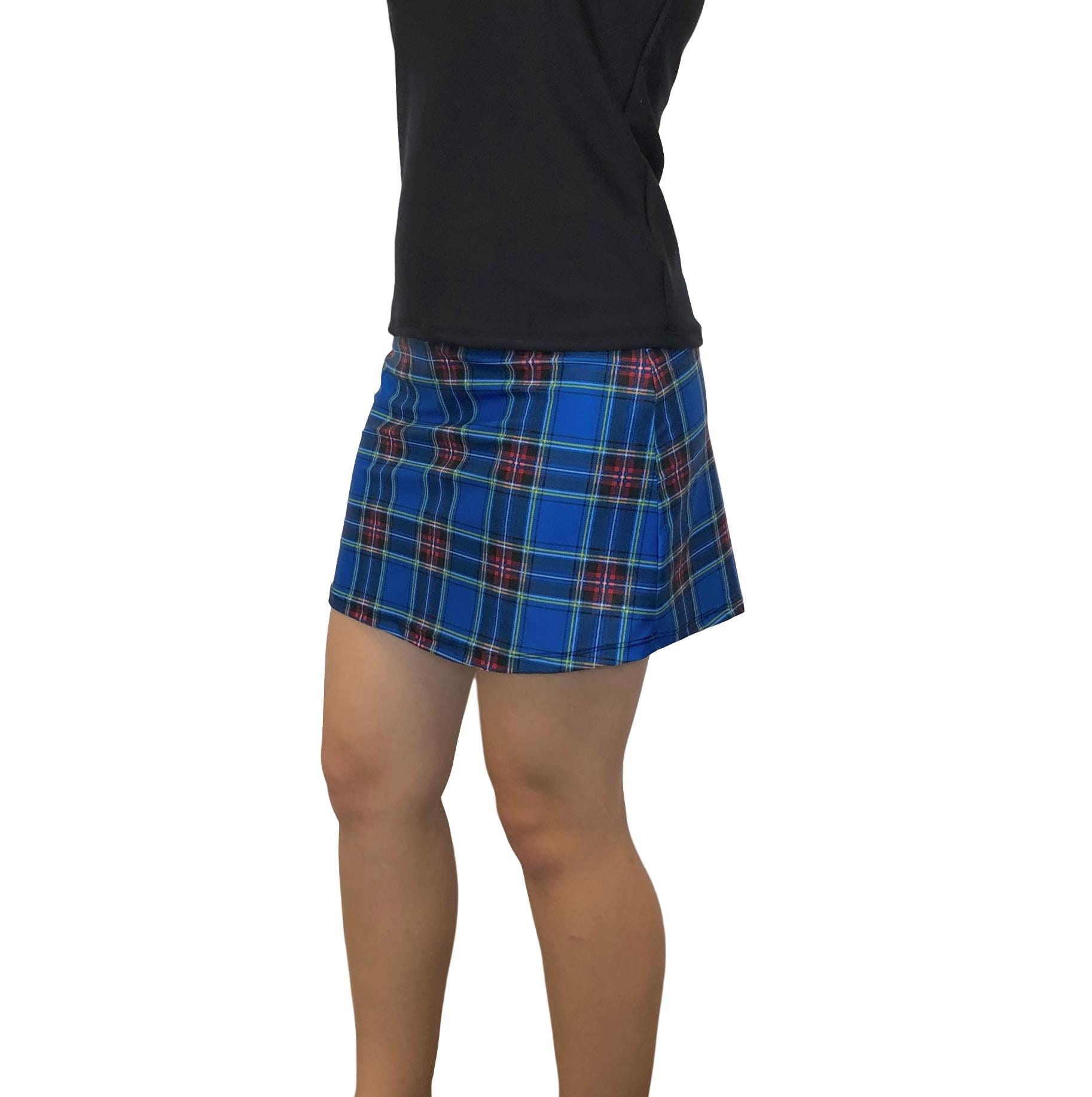 Blau Und Schwarz Kariertes Print Athletic Slim Golf Skort Mit Tasche - Golfrock von smashdandy