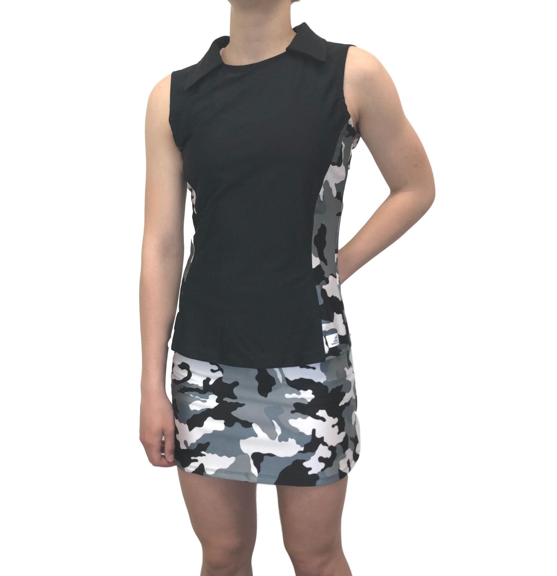 Schwarz-Weißes Camo Athletic Golf Outfit - Sportliches Kragenhemd, Golfbekleidung, Tennis Rock Mit Eingebauten Kompressions-Shorts von smashdandy