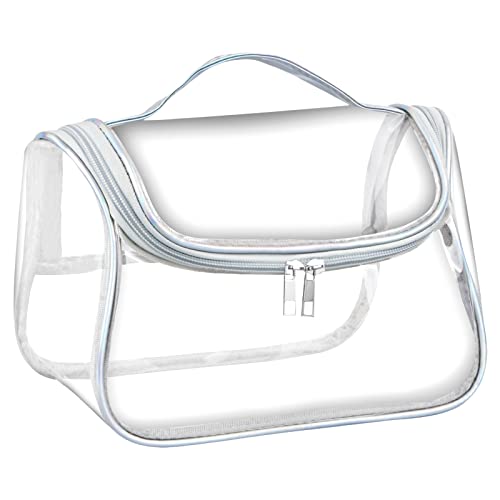 Reise Kulturbeutel Transparent Kosmetiktasche Durchsichtige Schminktasche Make-up Tasche Klare Portabel Wasserdicht PVC Waschtasche Organizer mit Griff, Reißverschlüsse für Frauen Mädchen, Silber von smatime