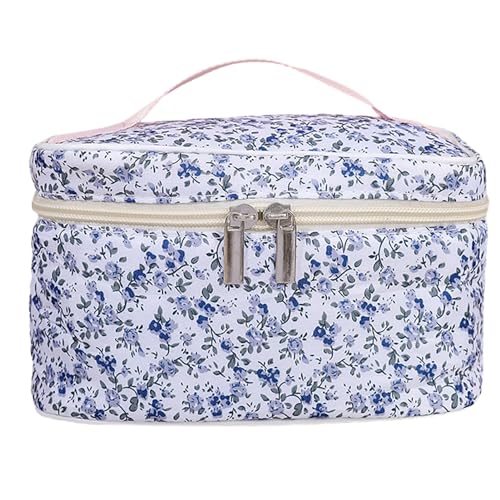 Kosmetiktasche mit Blumenmuster, großes Fassungsvermögen, doppelter glatter Reißverschluss, leicht zu reinigen, faltbarer Make-up-Organizer, blau von smbcgdm