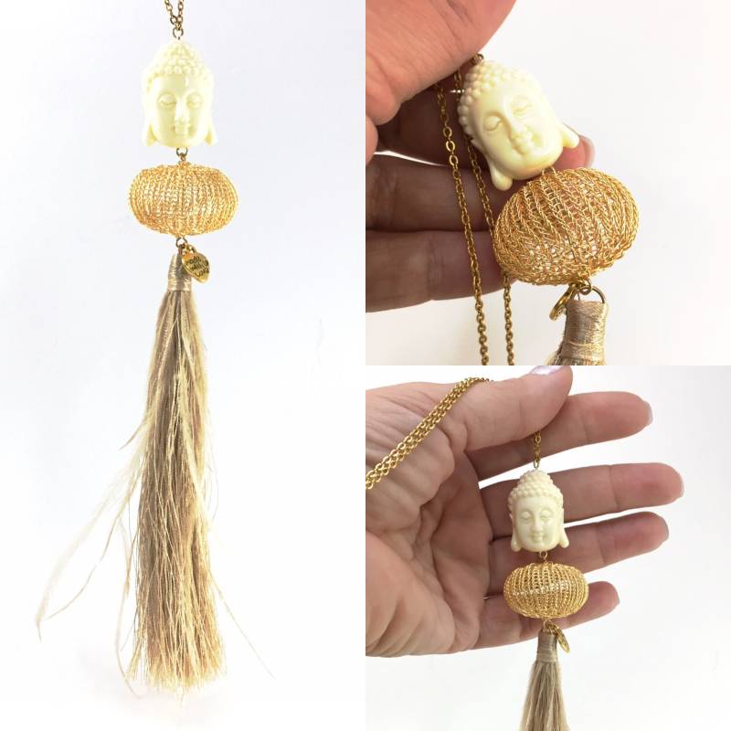 Buddha-Kette - Gold/Beige Gliederkette Mit Doppelt Gestricktem Kugel-Element, Buddha Und Quaste von smdesignatelier