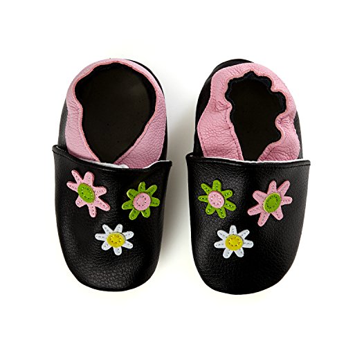 SmileBaby Premium Lauflernschuhe Krabbelschuhe Babyschuhe Baby Schuhe Schwarz Blumen 0 bis 6 Monate von smileBaby