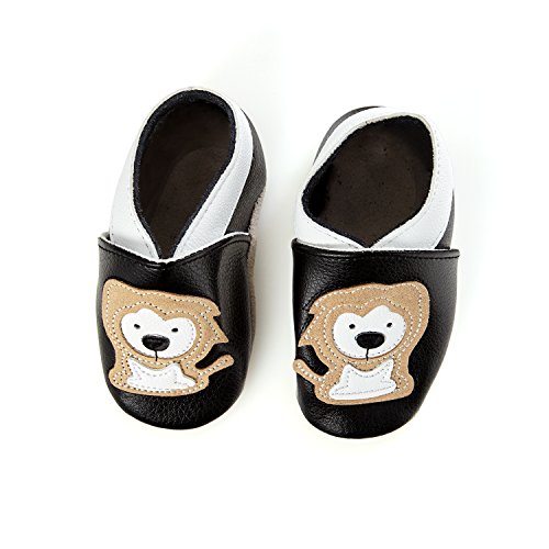 smileBaby Premium Leder Lauflernschuhe Krabbelschuhe Babyschuhe Schwarz Löwe 0 bis 6 Monate von smileBaby