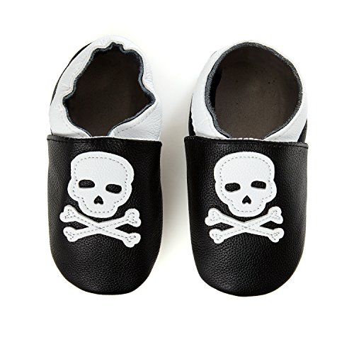 smileBaby Premium Leder Lauflernschuhe Krabbelschuhe Babyschuhe Schwarz Totenkopf 0 bis 6 Monate von smileBaby