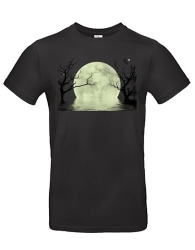 smilo & bron Herren T-Shirt mit Motiv_ Fantasiehintergrund mit dem Mond und den Bäumen reflektierend im Wasser Schwarz XL von smilo & bron