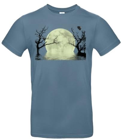 smilo & bron Herren T-Shirt mit Motiv_ Fantasiehintergrund mit dem Mond und den Bäumen reflektierend im Wasser Stone Blue L von smilo & bron