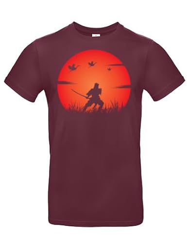 smilo & bron Herren T-Shirt mit Motiv_Samurai-Training nachts bei Vollmond Burgundy L von smilo & bron