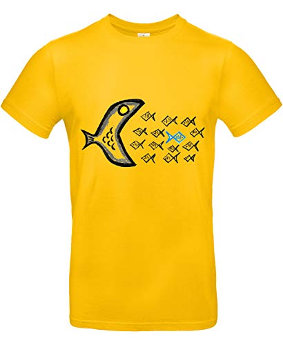 smilo & bron Unisex T-Shirt, Rundhals, Medium Fit, 100% Baumwolle, Gegen den Strom Motiv Fische Aufdruck Gold L, von smilo & bron