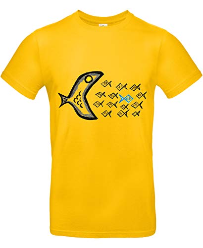 smilo & bron Unisex T-Shirt, Rundhals, Medium Fit, 100% Baumwolle, Gegen den Strom Motiv Fische Aufdruck Gold M, von smilo & bron