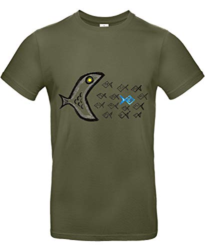 smilo & bron Unisex T-Shirt, Rundhals, Medium Fit, 100% Baumwolle, Gegen den Strom Motiv Fische Aufdruck Grün Urban Khaki M von smilo & bron