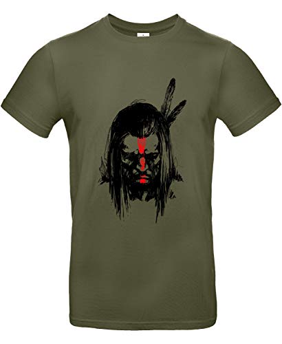 smilo & bron Unisex T-Shirt, Rundhals, Medium Fit, 100% Baumwolle, Geronimo Indianer-Krieger Motiv Aufdruck Grün Urban Khaki XL von smilo & bron