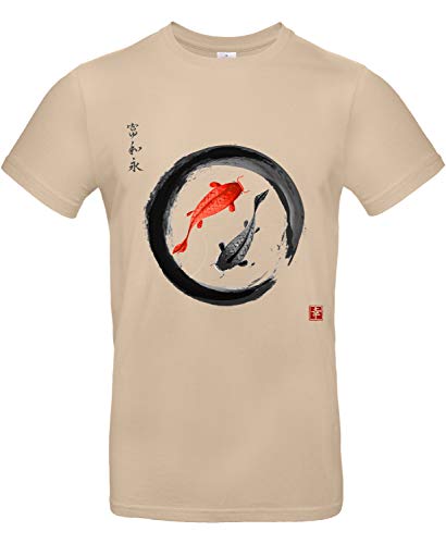 smilo & bron Unisex T-Shirt, Rundhals, Medium Fit, 100% Baumwolle, Koi Karpfen im Zen-Kreis Motiv Aufdruck Braun Sand M von smilo & bron