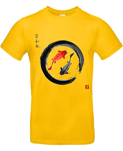 smilo & bron Unisex T-Shirt, Rundhals, Medium Fit, 100% Baumwolle, Koi Karpfen im Zen-Kreis Motiv Aufdruck Gold L von smilo & bron