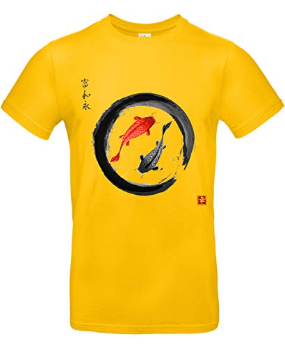 smilo & bron Unisex T-Shirt, Rundhals, Medium Fit, 100% Baumwolle, Koi Karpfen im Zen-Kreis Motiv Aufdruck Gold M von smilo & bron