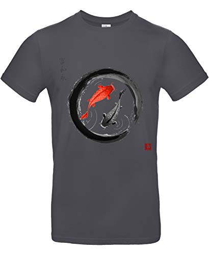 smilo & bron Unisex T-Shirt, Rundhals, Medium Fit, 100% Baumwolle, Koi Karpfen im Zen-Kreis Motiv Aufdruck Grau Dark Grey S von smilo & bron