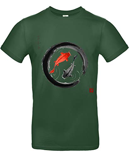 smilo & bron Unisex T-Shirt, Rundhals, Medium Fit, 100% Baumwolle, Koi Karpfen im Zen-Kreis Motiv Aufdruck Grün Bottle Green M von smilo & bron