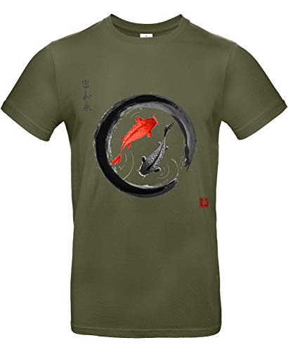 smilo & bron Unisex T-Shirt, Rundhals, Medium Fit, 100% Baumwolle, Koi Karpfen im Zen-Kreis Motiv Aufdruck Grün Urban Khaki XXL von smilo & bron