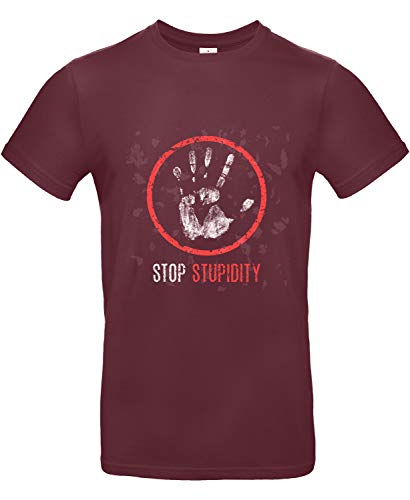 smilo & bron Unisex T-Shirt, Rundhals, Medium Fit, 100% Baumwolle, Stop Stupidity Motiv Aufdruck Rot Burgundy L von smilo & bron