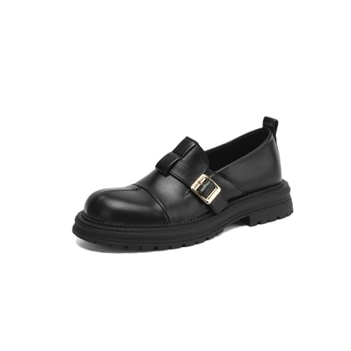 Damen Chunky Loafers Aus PU-Leder Mit Schnalle Geschlossene Runde Zehen Plateau-Loafers Slip Auf Retro-Kleid Schuhe,Schwarz,40 EU von smlekwc
