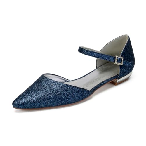Damen Flache Absatz Ballerinas Knöchelriemen Hochzeitskleid Pumps Mit Schnalle Spitz Zehen Glitzer Brautschuhe,Marine,42 EU Damen Flache Absatz Ballerinas Knöchelriemen Hochzeitskleid Pumps Mit Schnalle Spitz Zehen Glitzer Brautschuhe,Marine,42 EU von smlekwc