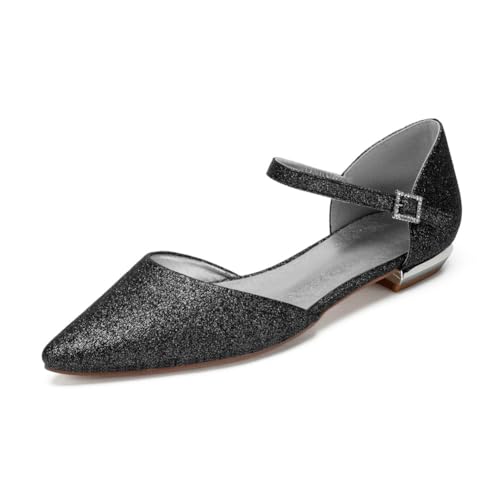 Damen Flache Absatz Ballerinas Knöchelriemen Hochzeitskleid Pumps Mit Schnalle Spitz Zehen Glitzer Brautschuhe,Schwarz,40 EU von smlekwc