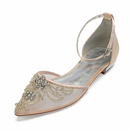 Damen Flache Absatz Ballerinas Spitze Zehen Mesh Brautschuhe Knöchelriemen Hochzeit Kleid Schuhe Mit Strass,Champagne,40 EU Damen Flache Absatz Ballerinas Spitze Zehen Mesh Brautschuhe Knöchelriemen Hochzeit Kleid Schuhe Mit Strass,Champagne,40 EU von smlekwc