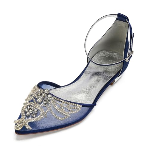 Damen Flache Absatz Ballerinas Spitze Zehen Mesh Brautschuhe Knöchelriemen Hochzeit Kleid Schuhe Mit Strass,Marine,36 EU Damen Flache Absatz Ballerinas Spitze Zehen Mesh Brautschuhe Knöchelriemen Hochzeit Kleid Schuhe Mit Strass,Marine,36 EU von smlekwc