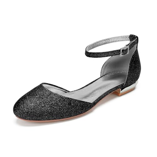 Damen Geschlossene Runde Zehe Glitzer Brautschuhe Knöchelriemen Hochzeit Kleid Schuhe Niedrigem Absatz Ballerinas,Schwarz,39 EU Damen Geschlossene Runde Zehe Glitzer Brautschuhe Knöchelriemen Hochzeit Kleid Schuhe Niedrigem Absatz Ballerinas,Schwarz,39 EU von smlekwc