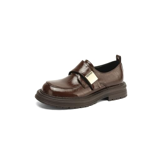 Damen Geschlossene Runde Zehen Plateau Loafers Slip-Auf Flache Loafers Lackleder Kleid Schuhe,Braun,38.5 EU von smlekwc