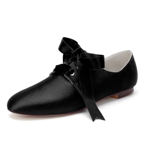 Damen Geschlossene Runde Zehen Satin Brautschuhe Schnürung Hochzeit Kleid Schuhe Flache Absatz Abend Partei Abschlussball Sandalen,Schwarz,42 EU von smlekwc