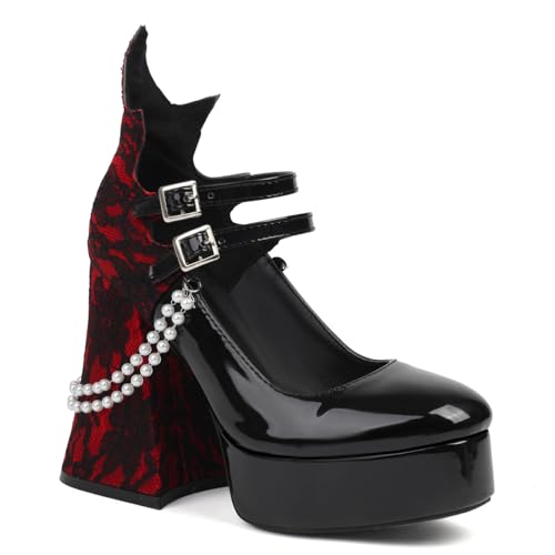 Damen Gothic Plateau Hoher Absatz Lackleder Kleid Pumps Mit Perle Doppelschnalle Riemen Einzigartige Schuhe Für Partei & Cosplay,Black1,41.5 EU von smlekwc