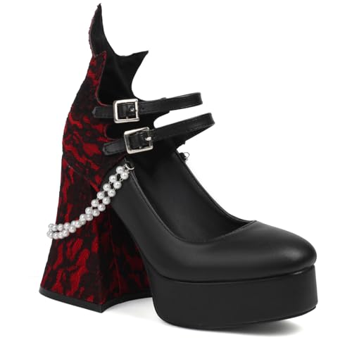 Damen Gothic Plateau Hoher Absatz Lackleder Kleid Pumps Mit Perle Doppelschnalle Riemen Einzigartige Schuhe Für Partei & Cosplay,Black2,40 EU von smlekwc