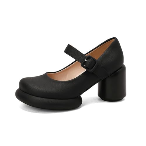 Damen Hoher Blockabsatz Plateau Kleid Pumps Knöchelriemen Mary Janes Mit Schnalle Geschlossene Zehen PU Leder Lolita Schuhe,Schwarz,35.5 EU von smlekwc