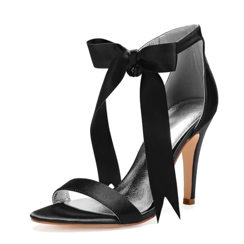 Damen Hoher Pfennigabsatz Hochzeit Kleid Schuhe Offene Zehen Satin Brautschuhe Schnürung Abend Partei Abschlussball Pumps Mit Schleife,Schwarz,37 EU von smlekwc